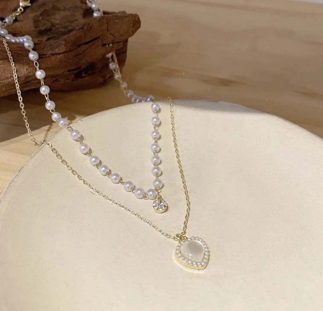 Glam Heart Pearl Pendant 💖 | Double Layer Sparkle Chain | Trending K-Pop Inspired Necklace for Girls & Women | Elegant Daily & Party Wear