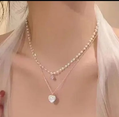 Glam Heart Pearl Pendant 💖 | Double Layer Sparkle Chain | Trending K-Pop Inspired Necklace for Girls & Women | Elegant Daily & Party Wear