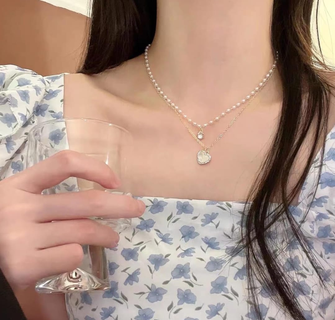 Glam Heart Pearl Pendant 💖 | Double Layer Sparkle Chain | Trending K-Pop Inspired Necklace for Girls & Women | Elegant Daily & Party Wear