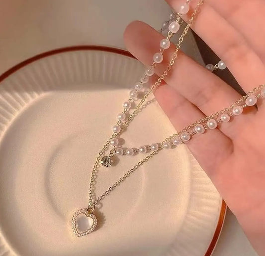Glam Heart Pearl Pendant 💖 | Double Layer Sparkle Chain | Trending K-Pop Inspired Necklace for Girls & Women | Elegant Daily & Party Wear