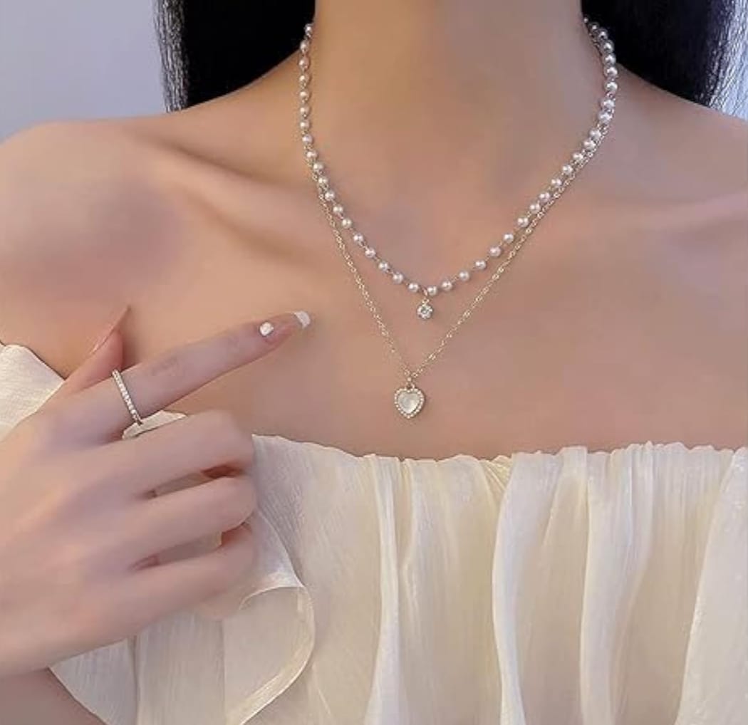 Glam Heart Pearl Pendant 💖 | Double Layer Sparkle Chain | Trending K-Pop Inspired Necklace for Girls & Women | Elegant Daily & Party Wear