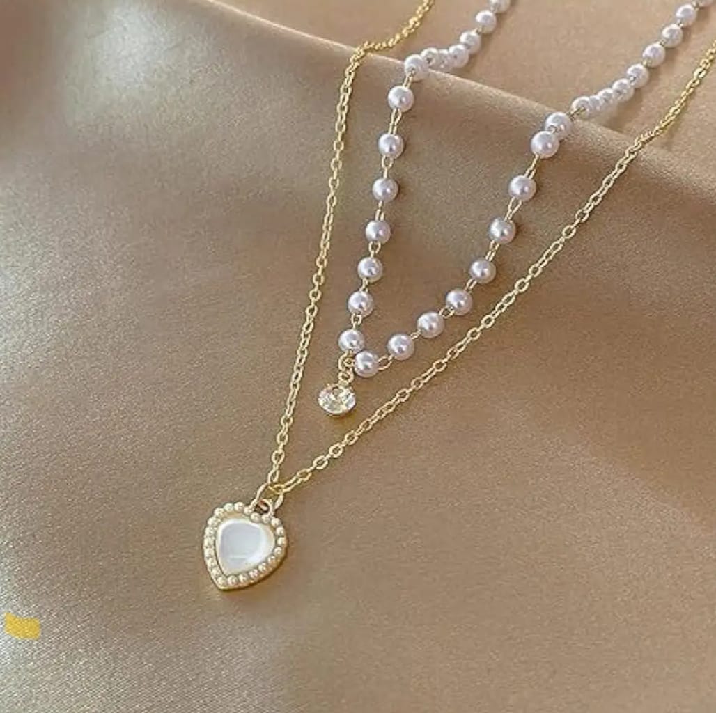Glam Heart Pearl Pendant 💖 | Double Layer Sparkle Chain | Trending K-Pop Inspired Necklace for Girls & Women | Elegant Daily & Party Wear